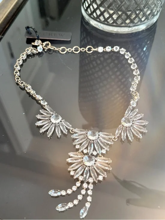 J. Crew Silver Clear Crystal Floral Drop Necklace - Picture 1 of 2